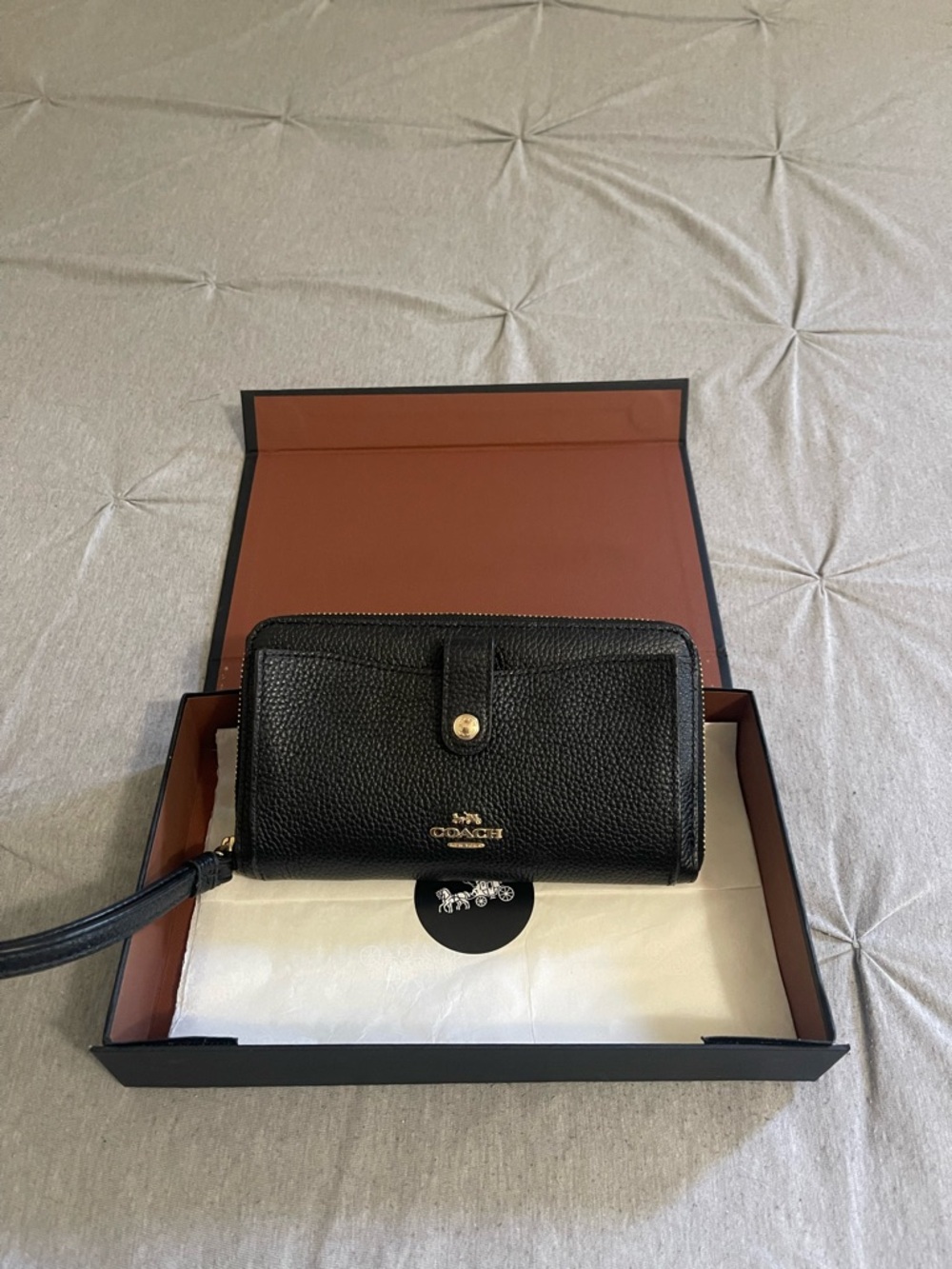 Coach Black Pebbled Leather Zip Wallet with Wristlet Strap